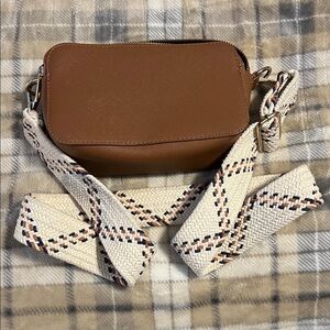 Brown Crossbody Camera Bag with Patterned Strap